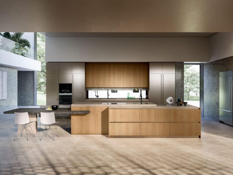 Cuisine sur mesure contemporaine avec îlot central, façades bois et colonnes toute hauteur