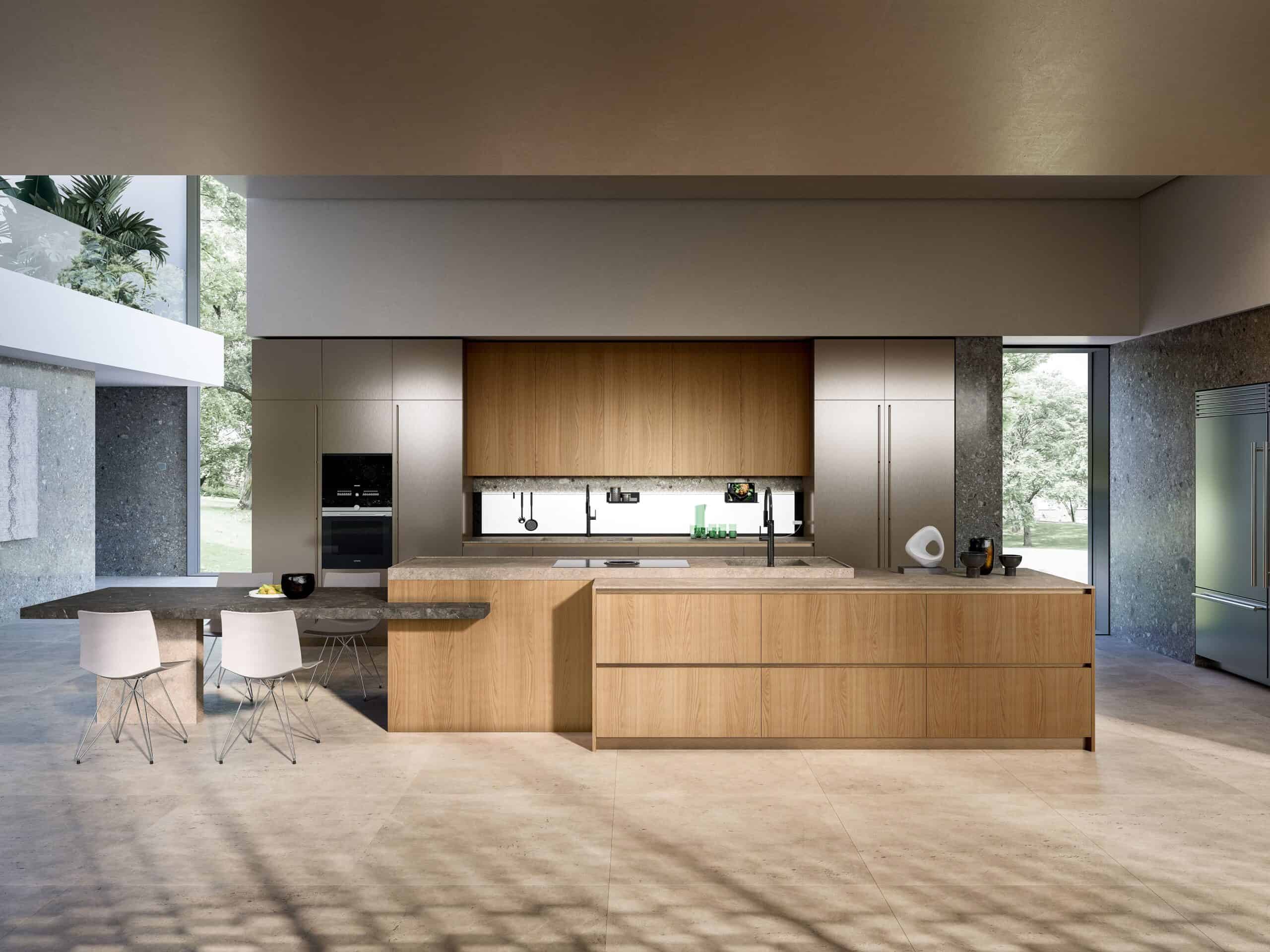 Cuisine sur mesure contemporaine avec îlot central, façades bois et colonnes toute hauteur