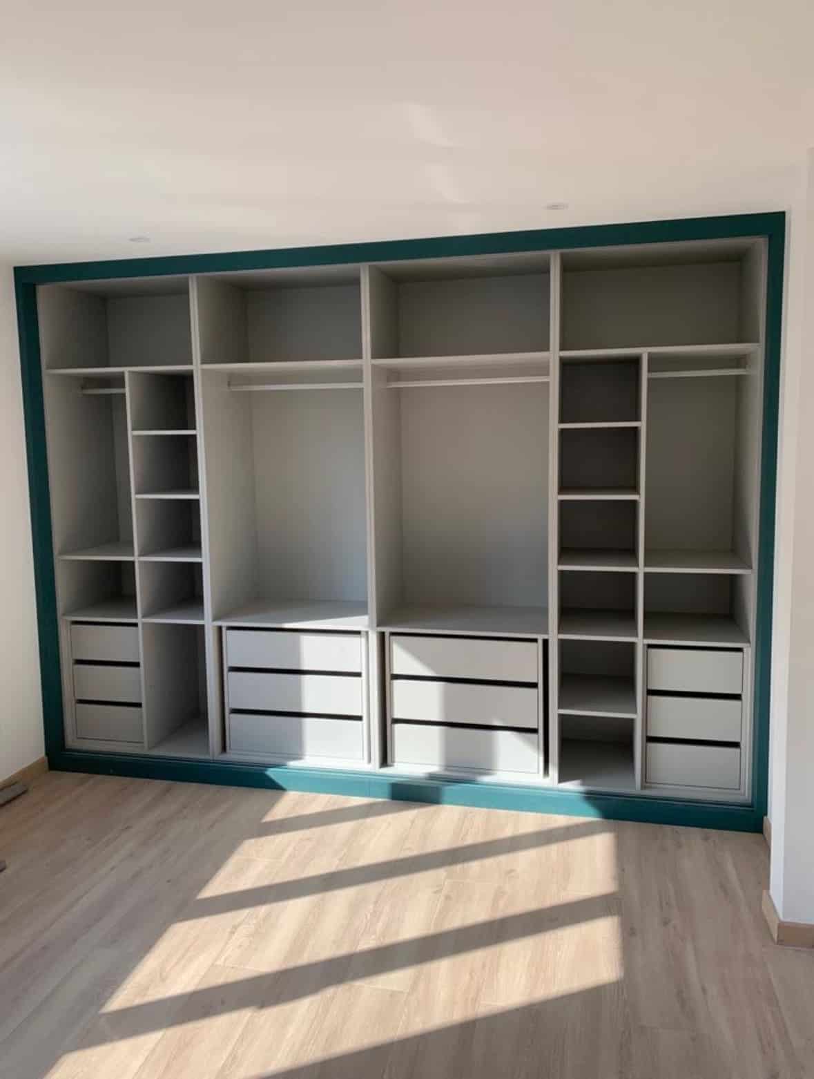 Dressing sur mesure ouvert à portes coulissantes vert-bleu, penderies et tiroirs